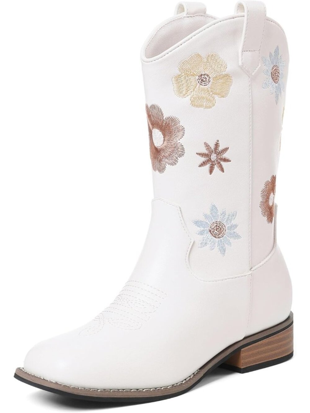 Girls White Mid Calf Chunky Low Heel  Floral Embroidered Square Toe Boot Shoes